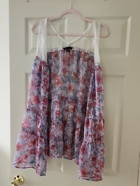 Signature Studio Cover Up Lavender Floral Tiered Sheer Tunic with White Yoke